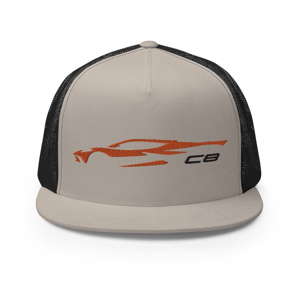 2023 Corvette C8 Outline Silhouette Orange 8th Gen Custom Embroidered 5 Panel Trucker Cap Snapback Hat