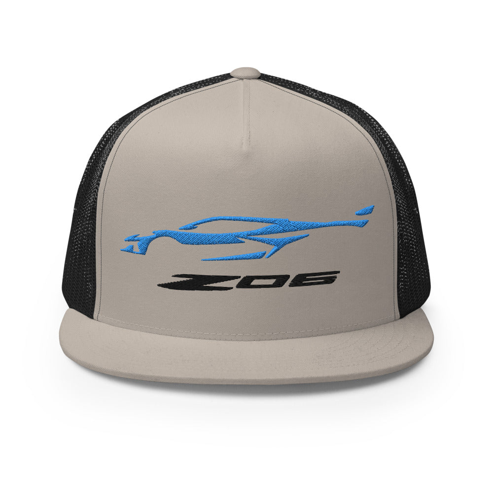 2023 Corvette Z06 C8 Rapid Blue Vette Silhouette Custom Embroidered 5 Panel Trucker Cap Snapback Hat