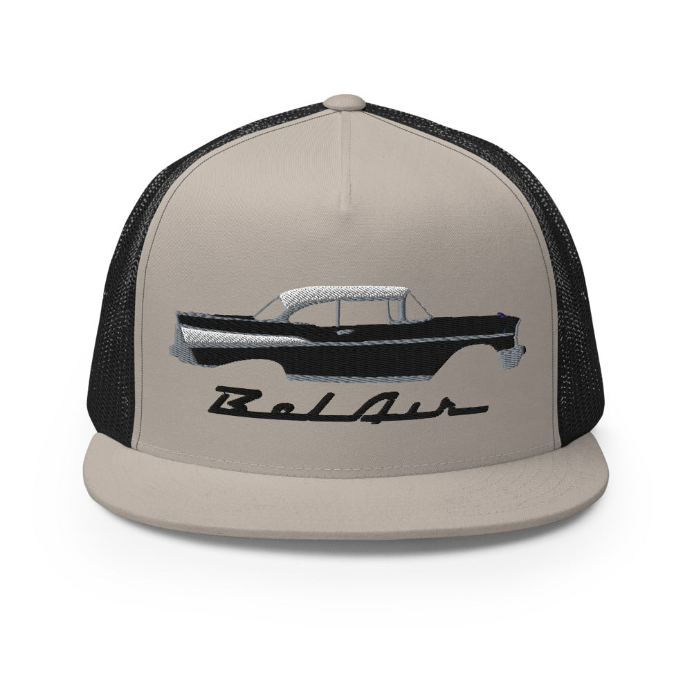 1957 Chevy Bel Air Onyx Black Antique 57 Chevy Classic Car Custom Embroidered 5 Panel Trucker Cap Snapback Hat