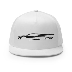 2023 Corvette C8 Outline Silhouette Black 8th Gen Custom Embroidered 5 Panel Trucker Cap Snapback Hat