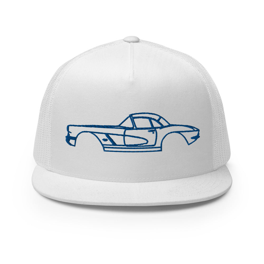 1961 Corvette Jewel Blue Antique Collector Car Custom Embroidered 5 Panel Trucker Cap Snapback Hat