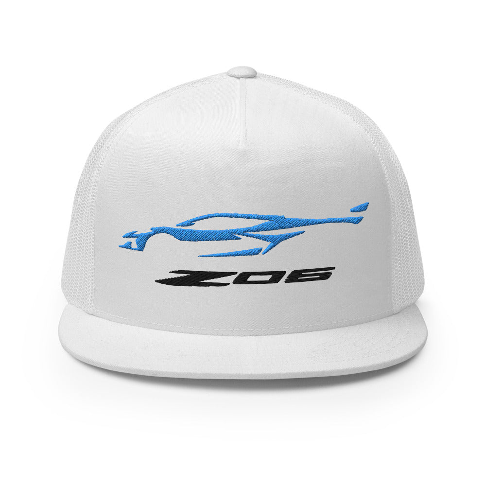 2023 Corvette Z06 C8 Rapid Blue Vette Silhouette Custom Embroidered 5 Panel Trucker Cap Snapback Hat