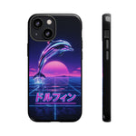 Neon Dolphin Retro Wave Tough Case | Vaporwave Japanese Text, 80s Synth Sunset