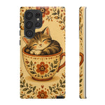 Teacup Cat Phone Case, Cozy Folk Illustration Art Cover