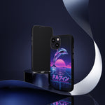 Neon Dolphin Retro Wave Tough Case | Vaporwave Japanese Text, 80s Synth Sunset