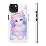 Pastel Cat Phone Case, Headphones Glitch Color Block Cover