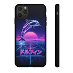 Neon Dolphin Retro Wave Tough Case | Vaporwave Japanese Text, 80s Synth Sunset