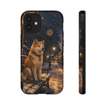 Shiba Inu at Snowy Train Station Phone Case | Winter Dog Scene