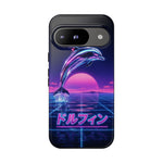 Neon Dolphin Retro Wave Tough Case | Vaporwave Japanese Text, 80s Synth Sunset