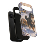 Bernese Mountain Dog Winter Scene phone case | snowy cabin, log cart