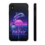 Neon Dolphin Retro Wave Tough Case | Vaporwave Japanese Text, 80s Synth Sunset