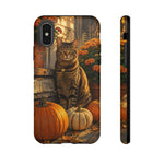 Tabby Cat with Pumpkins phone case | Autumn Halloween fall scene