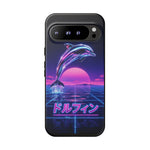 Neon Dolphin Retro Wave Tough Case | Vaporwave Japanese Text, 80s Synth Sunset