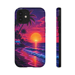 Retro Sunset Beach Scene Phone Case | Neon Palm Ocean Wave