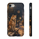 Shiba Inu at Snowy Train Station Phone Case | Winter Dog Scene