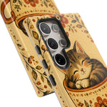 Teacup Cat Phone Case, Cozy Folk Illustration Art Cover