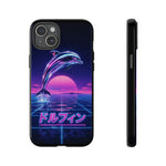 Neon Dolphin Retro Wave Tough Case | Vaporwave Japanese Text, 80s Synth Sunset