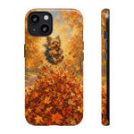Yorkshire Terrier Jumping in Autumn Leaves Tough Case | Fall Dog Phone Cover