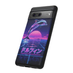 Neon Dolphin Retro Wave Tough Case | Vaporwave Japanese Text, 80s Synth Sunset