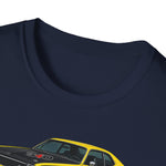 Yellow 1973 Duster Classic Car T-Shirt | Vintage Muscle Car Illustration