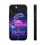 Neon Dolphin Retro Wave Tough Case | Vaporwave Japanese Text, 80s Synth Sunset