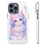 Pastel Cat Phone Case, Headphones Glitch Color Block Cover