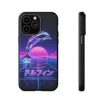 Neon Dolphin Retro Wave Tough Case | Vaporwave Japanese Text, 80s Synth Sunset