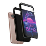 Neon Dolphin Retro Wave Tough Case | Vaporwave Japanese Text, 80s Synth Sunset