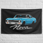 1969 1970 Nova Wall Flag Banner 34x56 Light Blue Black Top Coupe Decor