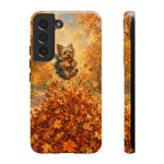 Yorkshire Terrier Jumping in Autumn Leaves Tough Case | Fall Dog Phone Cover