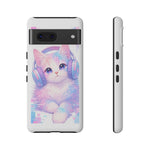 Pastel Cat Phone Case, Headphones Glitch Color Block Cover