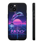 Neon Dolphin Retro Wave Tough Case | Vaporwave Japanese Text, 80s Synth Sunset