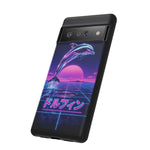 Neon Dolphin Retro Wave Tough Case | Vaporwave Japanese Text, 80s Synth Sunset