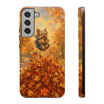 Yorkshire Terrier Jumping in Autumn Leaves Tough Case | Fall Dog Phone Cover