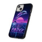 Neon Dolphin Retro Wave Tough Case | Vaporwave Japanese Text, 80s Synth Sunset