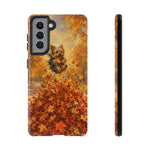 Yorkshire Terrier Jumping in Autumn Leaves Tough Case | Fall Dog Phone Cover