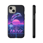 Neon Dolphin Retro Wave Tough Case | Vaporwave Japanese Text, 80s Synth Sunset
