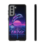 Neon Dolphin Retro Wave Tough Case | Vaporwave Japanese Text, 80s Synth Sunset