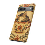 Teacup Cat Phone Case, Cozy Folk Illustration Art Cover