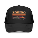 Torino Foam Trucker Hat – Retro Sunset Muscle Car Snapback Mesh Cap Vintage Stripe Graphic Style