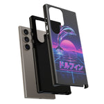 Neon Dolphin Retro Wave Tough Case | Vaporwave Japanese Text, 80s Synth Sunset