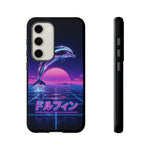 Neon Dolphin Retro Wave Tough Case | Vaporwave Japanese Text, 80s Synth Sunset