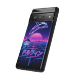 Neon Dolphin Retro Wave Tough Case | Vaporwave Japanese Text, 80s Synth Sunset