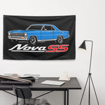 1966 1967 Nova SS Wall Flag Banner 34x56 Garage Man Cave Decor Blue Hot Rod