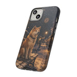 Shiba Inu at Snowy Train Station Phone Case | Winter Dog Scene