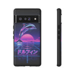 Neon Dolphin Retro Wave Tough Case | Vaporwave Japanese Text, 80s Synth Sunset