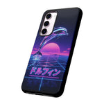 Neon Dolphin Retro Wave Tough Case | Vaporwave Japanese Text, 80s Synth Sunset