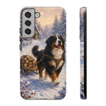 Bernese Mountain Dog Winter Scene phone case | snowy cabin, log cart