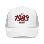 Born In 1983 Retro Script Cap – 1983 Birthday Gift Video Game Generation Foam Trucker Hat