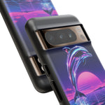 Neon Dolphin Retro Wave Tough Case | Vaporwave Japanese Text, 80s Synth Sunset